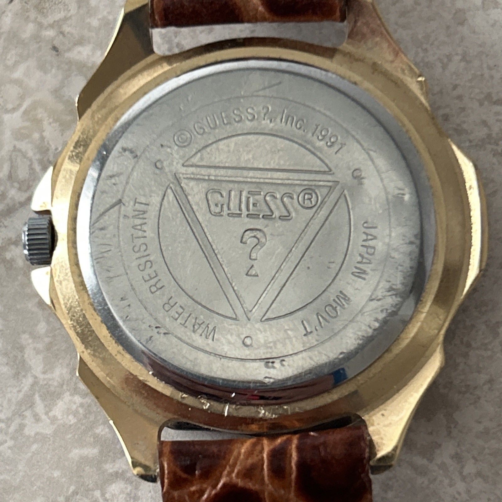 Vintage 1992 Guess World Time Watch Gold Tone White Dial Leather Quartz Runs — image 6 of 8